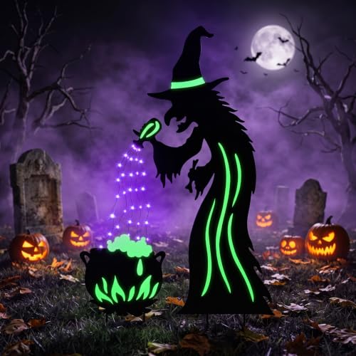 2 Pack Metal Witch Halloween Decorations Outdoor (Black & Green)