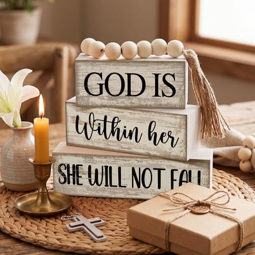 4 Pcs Wooden Blocks God Is Within Her Farmhouse Decor (God is Within Her She Will Not Fall)
