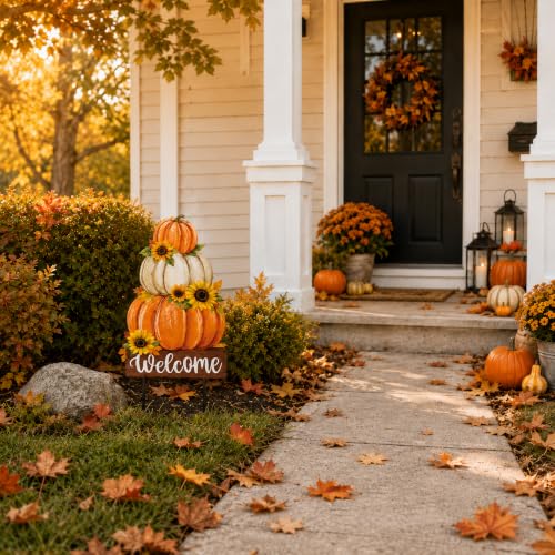 Fall Decorations Outdoor Metal Yard Sign Pumpkin Garden Stakes (Fall Pumpkin With Sunflowers)