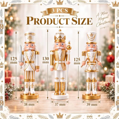 3 Pcs Gold White Nutcracker Christmas Resin Figures Table Decor (5 Inch / Gold White Christmas Nutcracker)