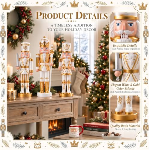3 Pcs Gold White Nutcracker Christmas Resin Figures Table Decor (5 Inch / Gold White Christmas Nutcracker)