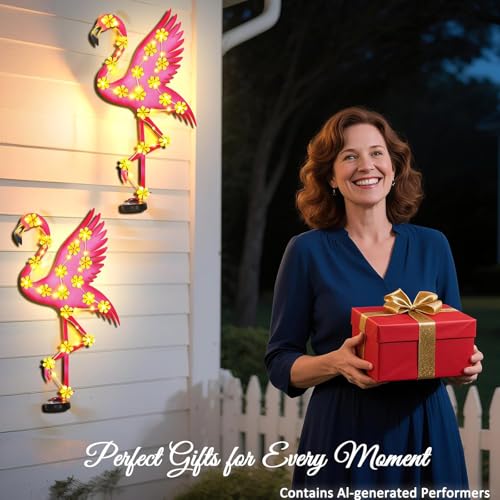 2 Pack 23.2" Metal Flamingo Outdoor Wall Decor with 30 Led Solar Lights (Pink-flamingo-2pack)
