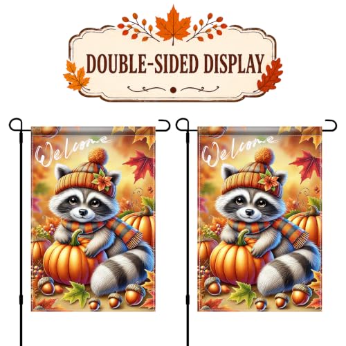 Fall Garden Flag 12x18 Inch Cute Raccoon Pumpkin Welcome Decor (Cute Raccoon)