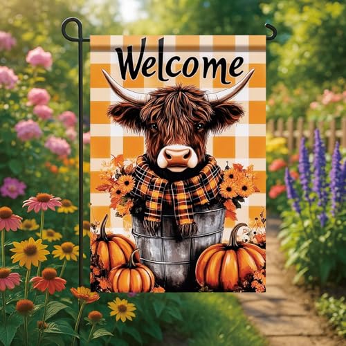 Thanksgiving Garden Flag 12x18 Inch Cow in Bucket with Pumpkins and Sunflowers and Welcome Message Outdoor Yard Porch Lawn Decoration for Fall Seasonal Holiday Decor (Cow in Bucket with Pumpkins)