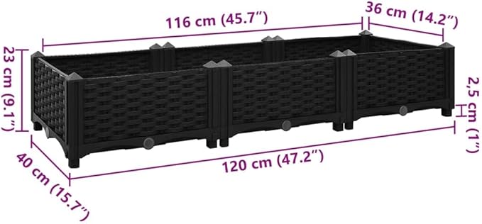 Raised Garden Bed 47.2"x15.7"x9.1" Polypropylene Planter Outdoor Garden Raised Bed Black Elevated Planter Box for Flowers, Vegetables, Herbs and Plants
