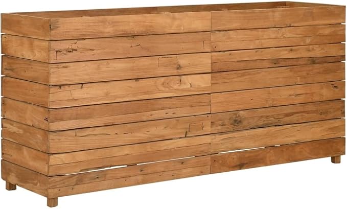 Raised Garden Bed 59.1" x 15.7" x 28.3" Recycled Teak Wood and Steel Raised Planter with Adjustable Steel Rack for Outdoor Garden, Patio, Balcony - Durable, Stylish, Easy to Assemble