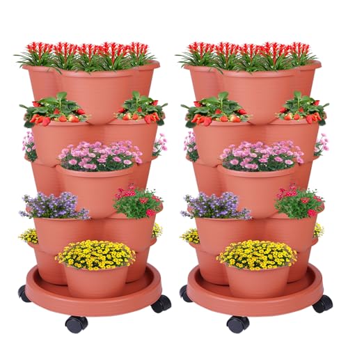 5 Tier Vertical Garden Tower Stackable Planter for Strawberries (Brown / 2 Pack)
