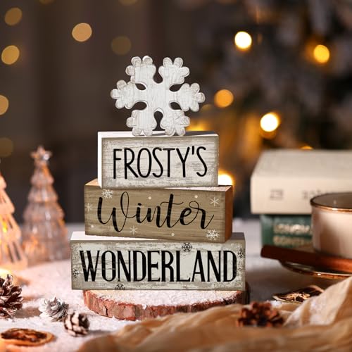 4 Pcs Winter Table Decorations Wooden Snowflake Decor Winter Tiered Tray Decor Rustic Snow Block Signs Gift Farmhouse Snowflake Table Centerpiece for Wonderland Party Kitchen Home (Snowflake)