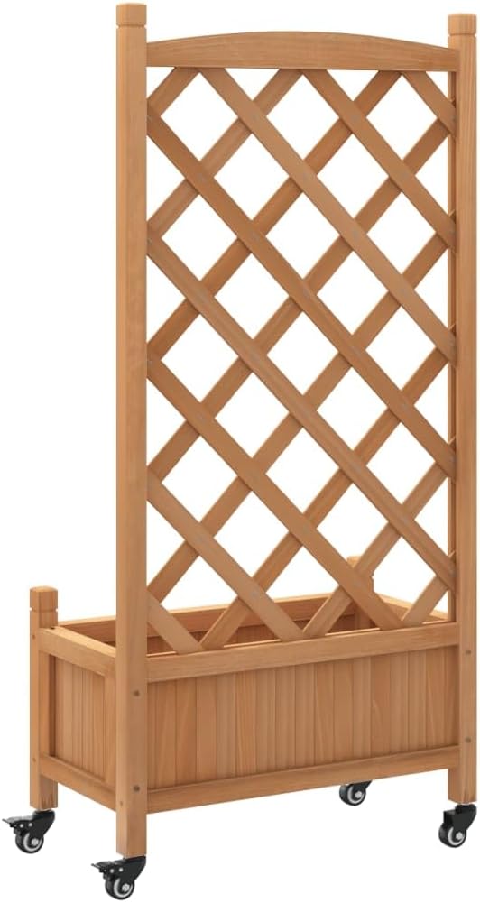 Rectangular Planter Brown Solid Fir Wood with Trellis, Rolling Outdoor Garden Bed, Mobile Raised Planter Box for Patio, Deck, Balcony