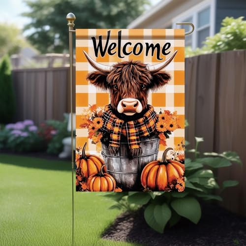 Thanksgiving Garden Flag 12x18 Inch Cow in Bucket with Pumpkins and Sunflowers and Welcome Message Outdoor Yard Porch Lawn Decoration for Fall Seasonal Holiday Decor (Cow in Bucket with Pumpkins)