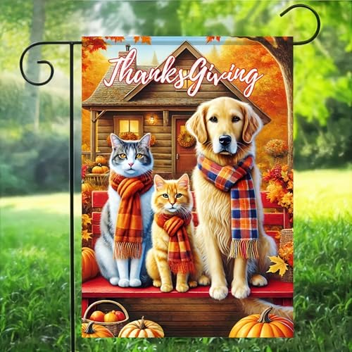 Thanksgiving Dog and Cat Garden Flag 12x18 Inch Fall Yard Decor (Cat and Dog)