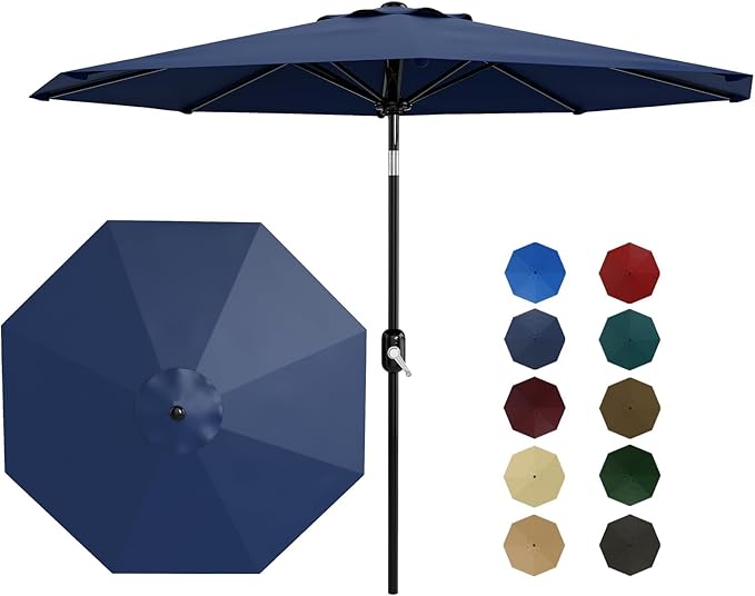 9 ft Patio Umbrella - 8 Sturdy Ribs Outdoor Table Umbrella with Crank Lift & Push Button Tilt - Market Umbrella for Pool, Deck, Yard, Garden - Navy Blue