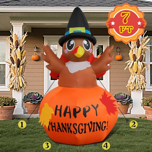 7 Ft Inflatable Thanksgiving Turkey Decoration with Pumpkin (7 Ft Turkey)