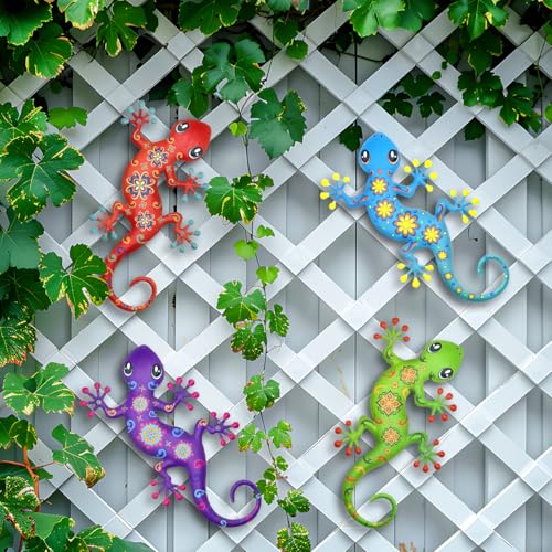 4 Pcs Metal Gecko Outdoor Wall Art Hanging Sculpture Decorations (Colorful-a)