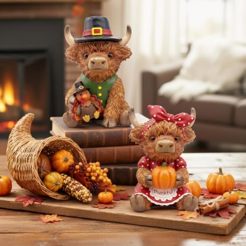 2 Pcs Fall Thanksgiving Highland Cow Resin Turkey Cow Figurines (5 Inch / Turkey Pumpkin Highland Cow)