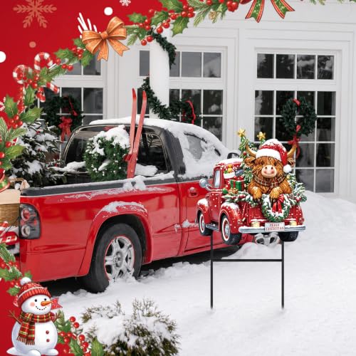 Christmas Highland Cow Truck Outdoor Yard Decorations (Christmas Tree Highland Cow)