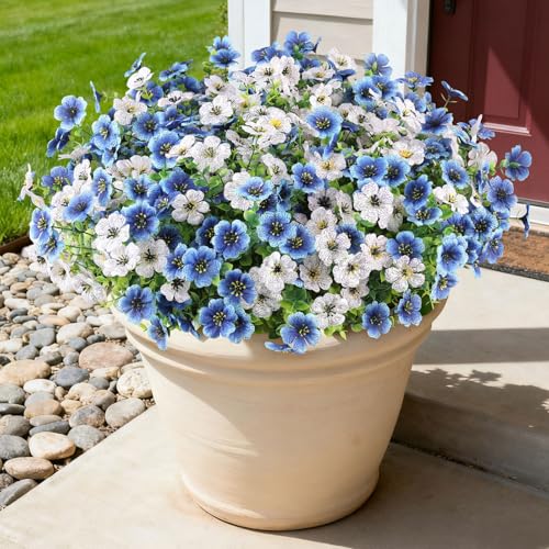 16PCS UV Resistant Artificial Flowers for Outdoors (White+blue / 16PCS)