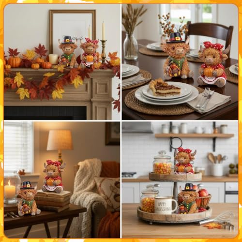 2 Pcs Fall Thanksgiving Highland Cow Resin Turkey Cow Figurines (5 Inch / Turkey Pumpkin Highland Cow)