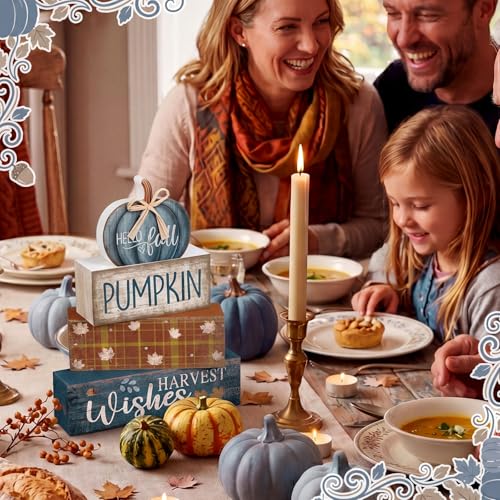 4 Pcs Blue Pumpkin Wooden Block Signs Fall Farmhouse Decor (Blue Pumpkin)