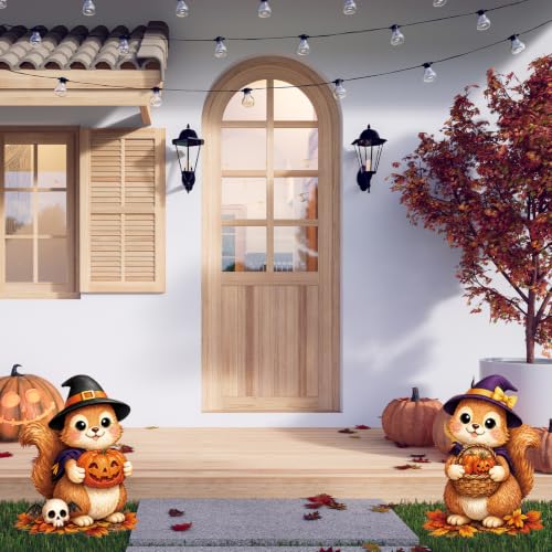 2 Pack Halloween Cute Witch Squirrel Garden Stakes Pumpkin Metal Yard Sign for Fall Autumn Outdoor Halloween Party Decorations (Halloween)