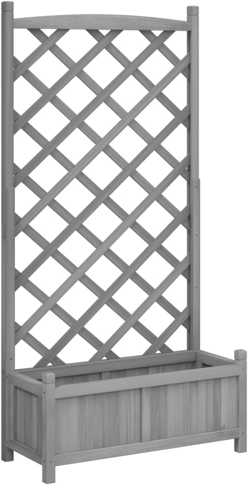 Solid Fir Wood Planter with Trellis Grey Rectangular Raised Garden Bed for Climbing Plants Outdoor Patio Large Elevated Planter Box