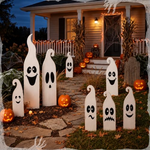 8 Pcs Halloween White Ghost Yard Signs Outdoor with Stakes