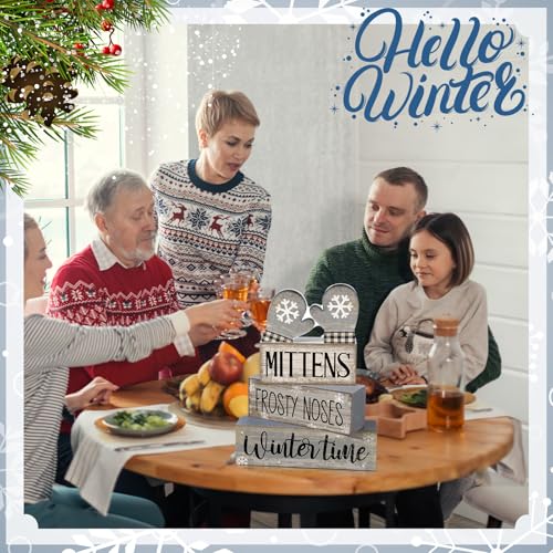 4 Pcs Winter Table Decorations Wooden Mittens Decor Winter Tiered Tray Decor Rustic Snowflake Mittens Block Signs Gift Farmhouse Christmas Centerpiece for Wonderland Party Kitchen Home (Snowflake Gloves)