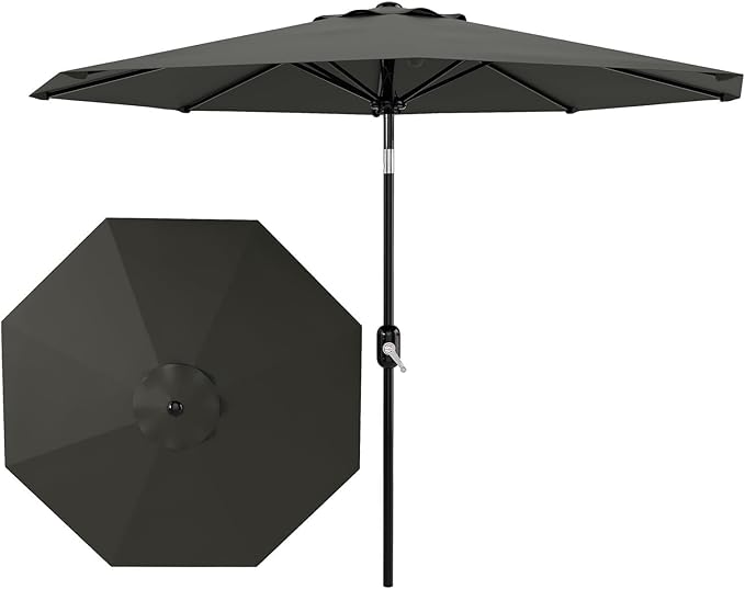 9 ft Patio Umbrella - 8 Sturdy Ribs Outdoor Table Umbrella with Crank Lift & Push Button Tilt - Market Umbrella for Pool, Deck, Yard, Garden - Gray
