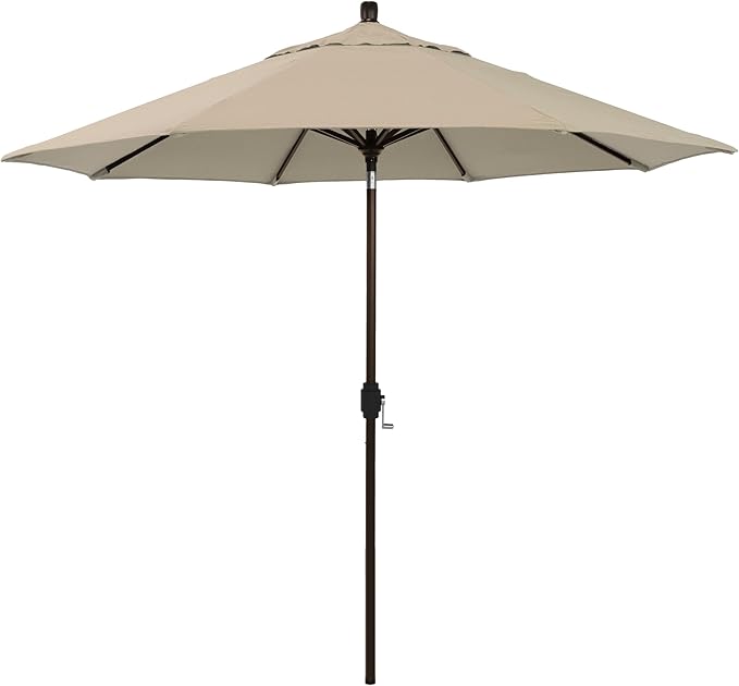 California Umbrella 12-Year-Non-Fading, 9Ft Premium Sunbrella Patio Umbrella, Hand-Crank, Button-Tilt, Bronze Frame, Beige Fabric