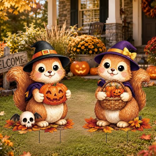 2 Pack Halloween Cute Witch Squirrel Garden Stakes Pumpkin Metal Yard Sign for Fall Autumn Outdoor Halloween Party Decorations (Halloween)