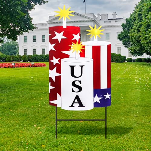 4th of July Outdoor Decor Patriotic Garden Stake 250th Anniversary Metal USA Firecracker Welcome Yard Sign (Patriotic Candle)