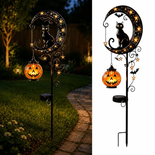 Halloween Black Cat & Pumpkin Moon Solar Garden Stake Light (Halloween B)