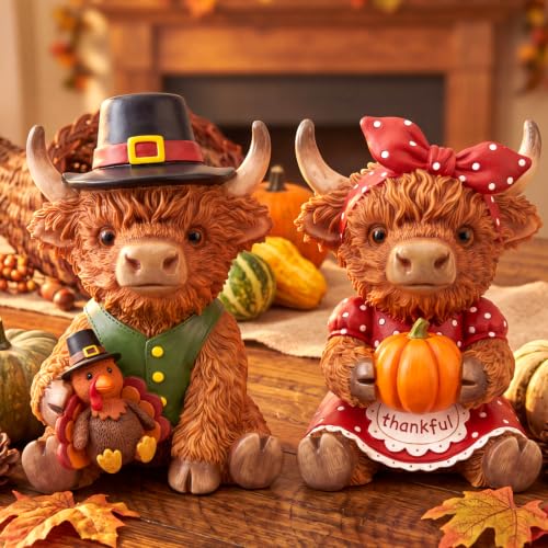 2 Pcs Fall Thanksgiving Highland Cow Resin Turkey Cow Figurines (5 Inch / Turkey Pumpkin Highland Cow)