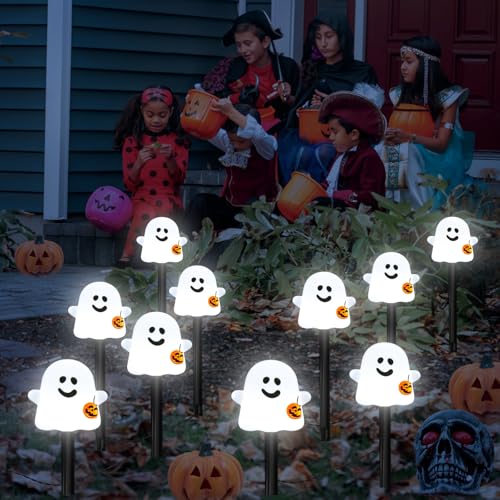 Solar Halloween Ghost Pathway Lights (Cold White Pumpkin Ghost / 10-Pack)