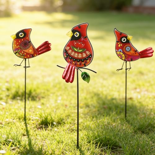 Set of 3 Cardinal Stained Glass Decorative Garden Stakes (Cardinal)
