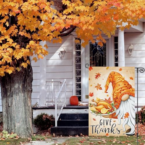 Thanksgiving Garden Flag 12x18 Inch Double Sided Give Thanks Gnome Flag Burlap Vertical Small Turkey Fall Garden Flags for Outside House Farmhouse Yard Harvest Autumn Decoration