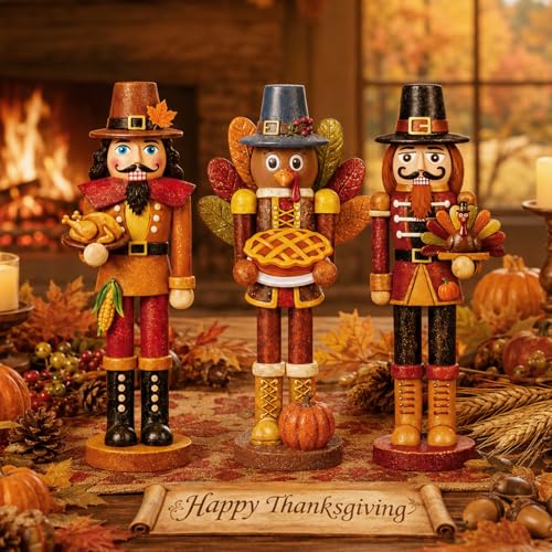 3 Pcs Fall Thanksgiving Nutcracker Turkey Figures Fall Table Decor (5 Inch / :Thanksgiving Nutcracker)