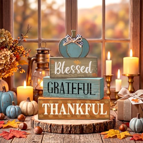 4 Pcs Fall Table Decor for Home (Light Blue Pumpkin)