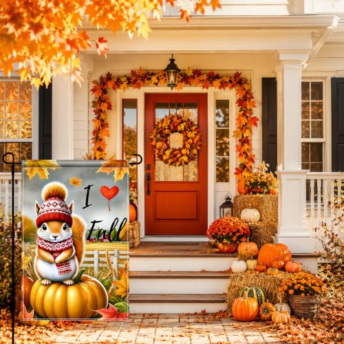 I Love Fall Garden Flag Squirrel Pumpkin Decor 12x18 Inch (Squirrel)