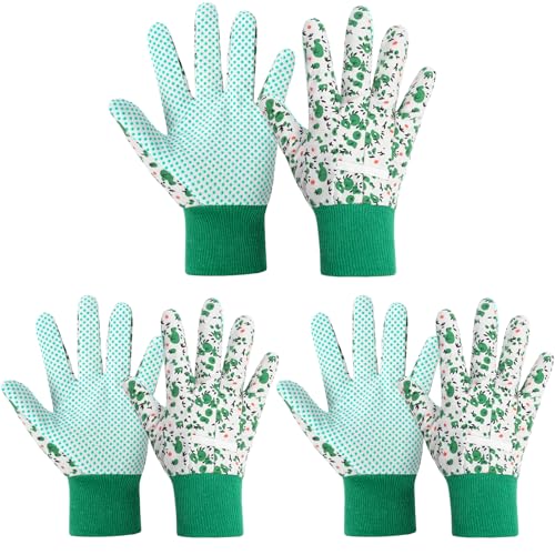 Floral Gardening Gloves for Women (3 Pairs - Green Flowers)