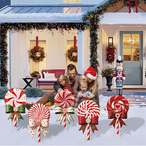 Outdoor Christmas Decorations Jumbo 24 Inch Lollipop Yard Signs 5ct with 20 Stakes 10 Fiberglass and 10 Metal Waterproof Holiday Christmas Decorations for and Garden Waterproof (Red)