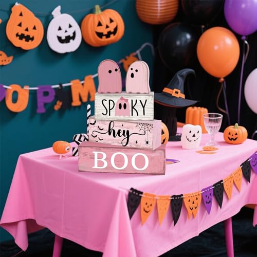 4 Pcs Pink Halloween Tiered Tray Decor (Pink Ghost)