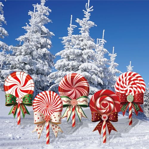 Outdoor Christmas Decorations Jumbo 24 Inch Lollipop Yard Signs 5ct with 20 Stakes 10 Fiberglass and 10 Metal Waterproof Holiday Christmas Decorations for and Garden Waterproof (Red)