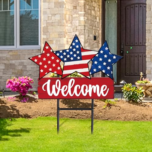 Patriotic Metal Garden Stakes Vintage 4th of July Star Decorative Lawn Sign Welcome Yard Sign for 250th Anniversary Independence Day Home Outside Lawn Porch Decor (Patriotic Star)