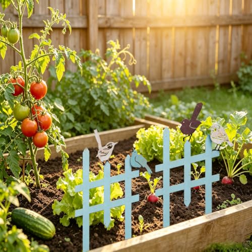 3 Pcs Small Garden Fence with 6 Piece Bird Decoration (Blue)