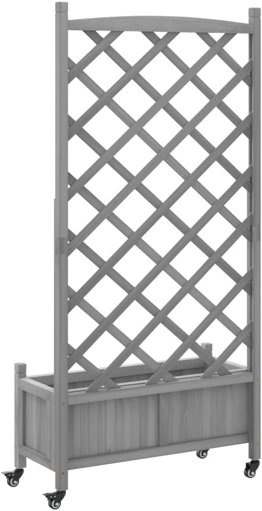 Grey Raised Garden Bed Planter with Wheels and Trellis, Solid Fir Wood and Iron Rectangular Large Elevated Planter Box for Outdoor Indoor Plants Flowers Vegetables Patio Garden