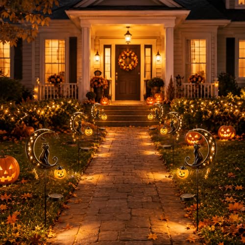 Solar Halloween Black Cat & Pumpkin Moon Garden Stake Light (B)