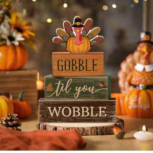 4 Pcs Fall Table Decor Thanksgiving Turkey Wooden Block Signs (Turkey)
