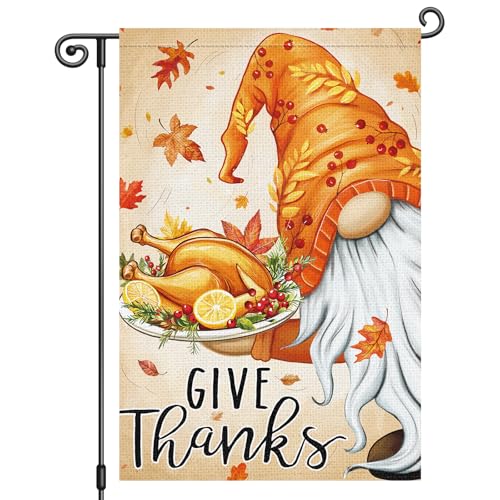 Thanksgiving Garden Flag 12x18 Inch Double Sided Give Thanks Gnome Flag Burlap Vertical Small Turkey Fall Garden Flags for Outside House Farmhouse Yard Harvest Autumn Decoration
