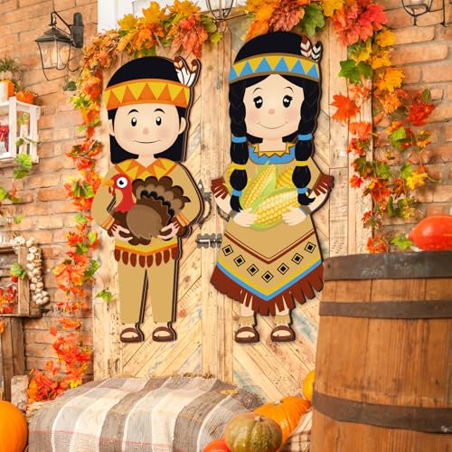 4 Pcs Thanksgiving Pilgrim Decoration Outdoor Fall Pilgrim Boy and Girl Hanging Signs for Indian 25 x 10 Inch Wooden Thanksgiving Signs Hanger for Porch Front Door Wall Home Outside Party